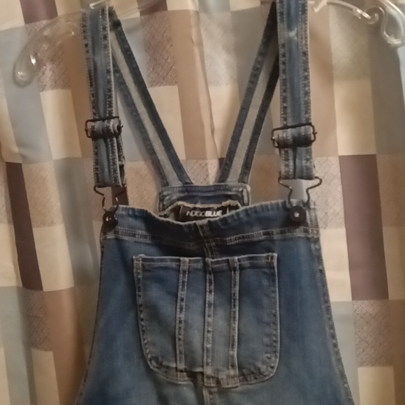 FINAL PRICE INDIGO BLUE cotton blue denim distressed overalls w elastic sides - Picture 7 of 16